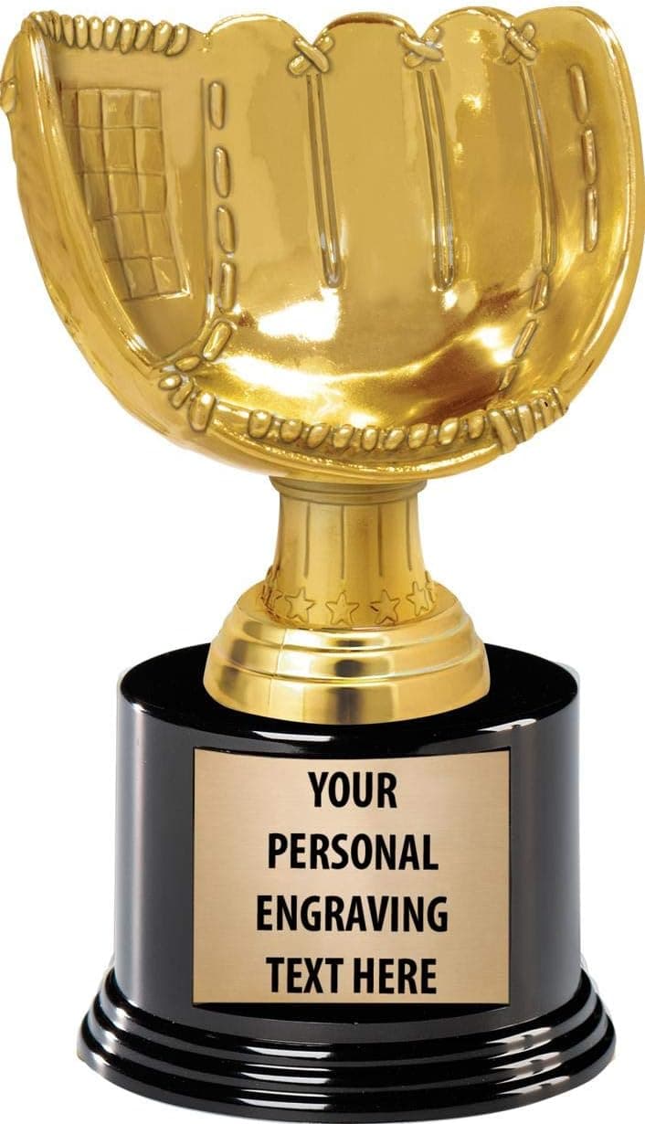 Crown Awards Baseball Trophies with Custom Engraving, 7.25" Personalized Gold Baseball Glove Trophy On Deluxe Round Base Prime