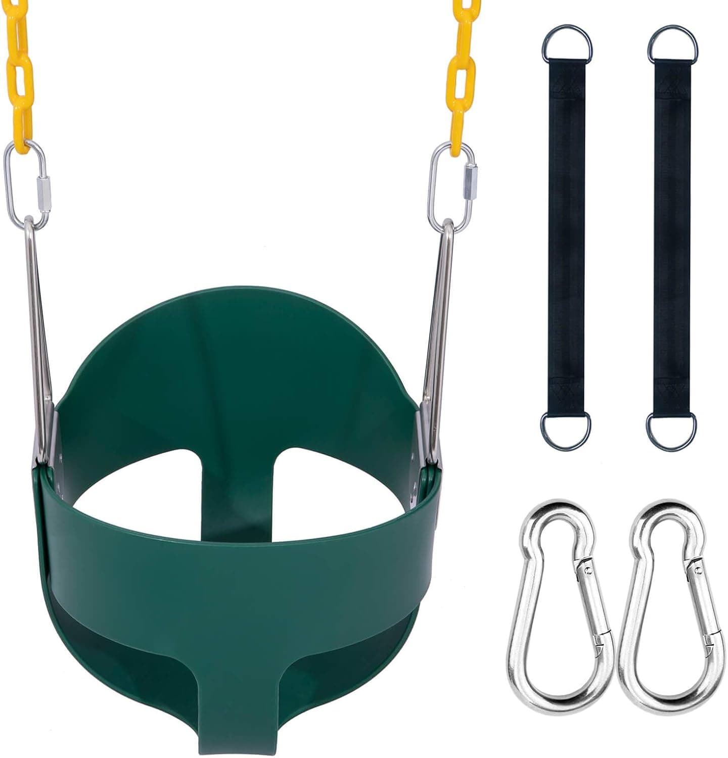 Orgrimmar Toddler Swing Seat High Back Full Bucket with Heavy Duty 66” Plastic Coated Chain, Snap Hooks and Tree Hanging Straps (Green)