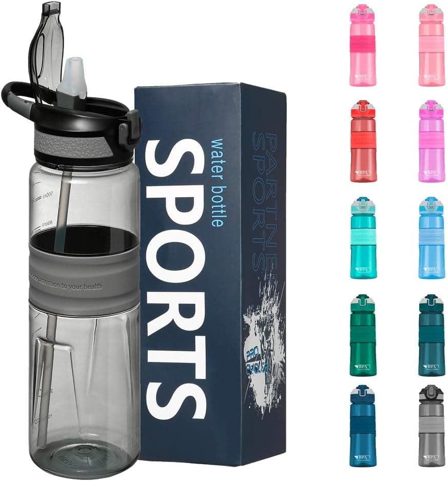 Li-US Water Bottle with Straw & Flip Top 15 oz, Made of BPA-Free Tritan Plastic in Grey