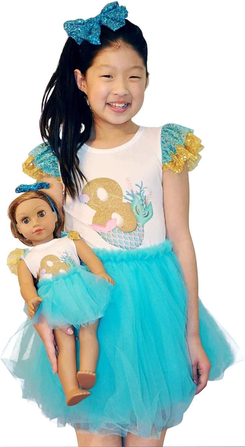 ZITA ELEMENT Girl Matching Doll Clothes Outfits - 2 Sets Clothes and Hair Accessories for 18 Inch Girl Doll and Girls - 2 Shirts Jumpsuits, 2 Tutu and 2 Sequin Bowknot Hairbands