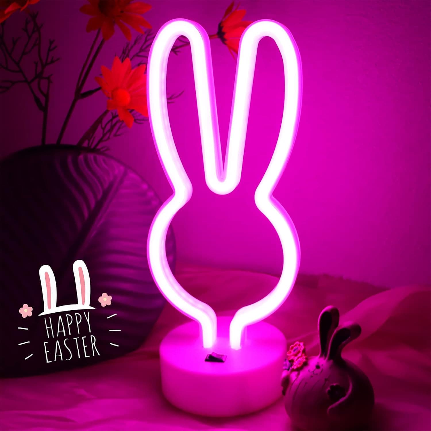 Neon Rabbit Ear East Decoration Spring Light LED Pink Cute Bunny Marque Neon Signs Night Light Art East Room Decor Lamp with Holder Base for Table Window Bedroom Office East Gift for Baby, Girls, Kids