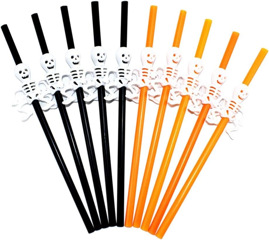 GOLDACE Party Scary Fun Trick or Treat Plastic Skeleton Drinking Straws| reusable (black yellow)