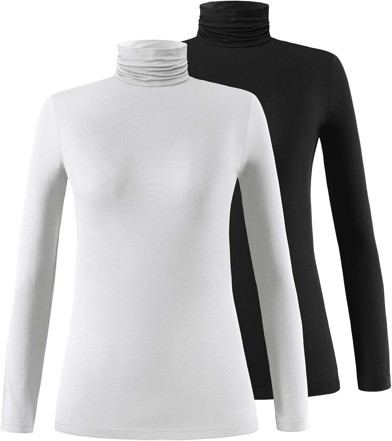 Femdouce Womens Turtleneck Long Sleeve Shirt Lightweight Slim Pullover Basic Undershirts Active Turtle Neck T-Shirts 2 Pack Black/White XL