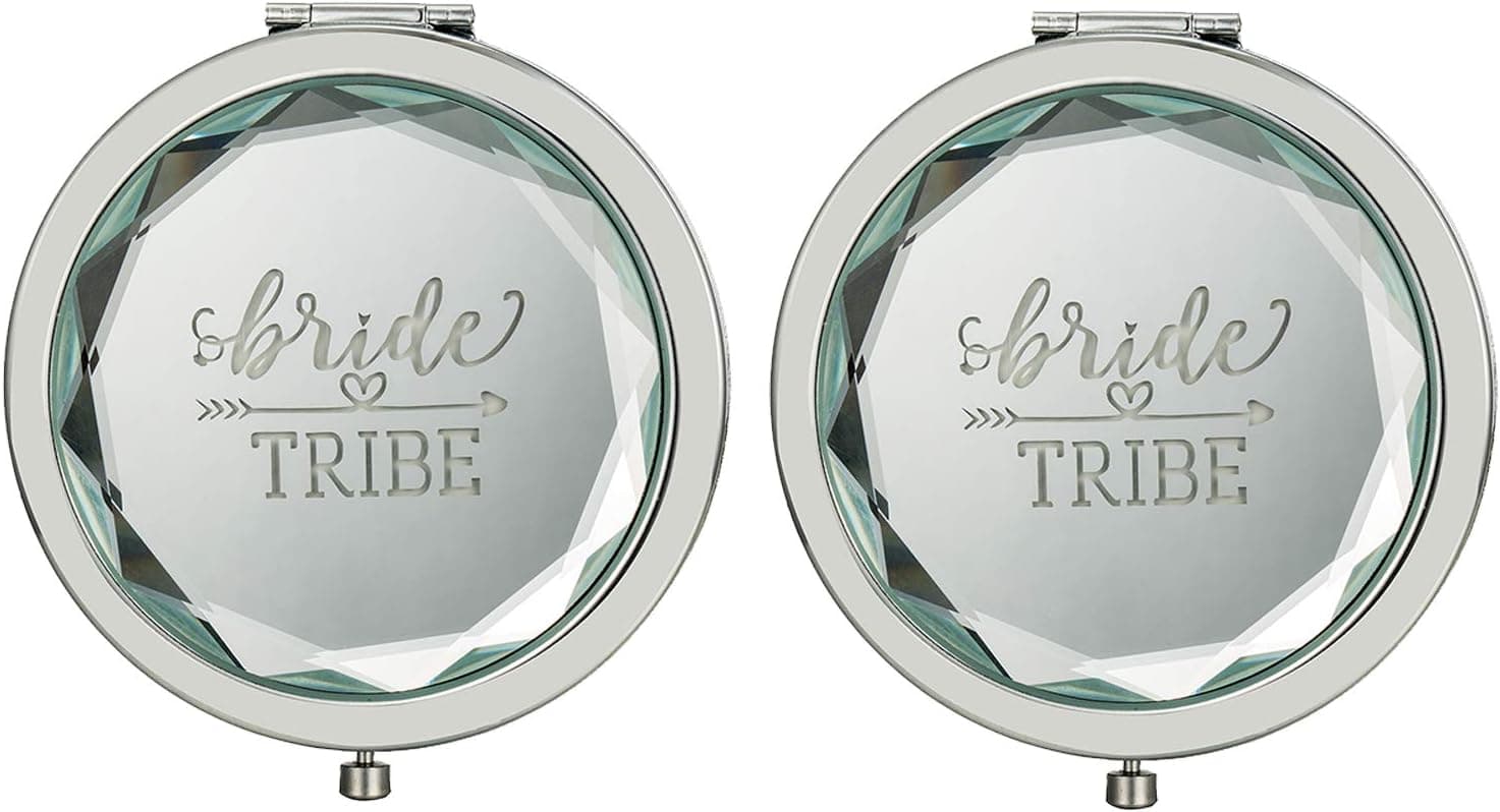 Pack of 2 Engraved Bride Tribe Compact Pocket Makeup Mirror Sets for Bachelorette Party Bridal Shower Wedding Bridesmaid