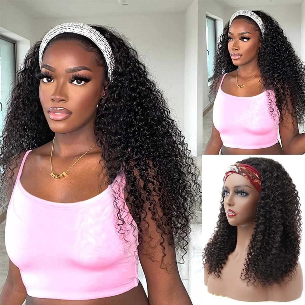 ORIGINAL QUEEN 24 Inch Curly HeadBand Wig Human Hair 180% Density Kinky Curly Wigs for Black Women Glueless Wigs Human Hair with Black Free Headband Natural Color