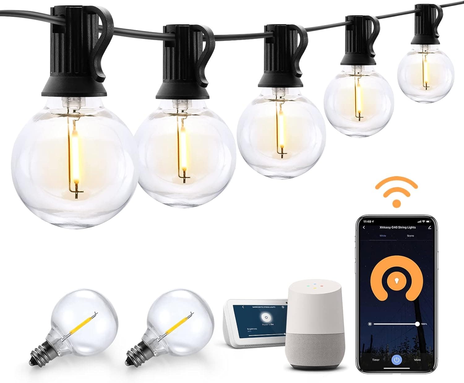 XMCOSY+ Patio Lights, Smart Outdoor String Lights 50Ft, G40 Globe Patio Lights with 25 Dimmable LED Bulbs, APP Control, Work with Alexa, Connectable Waterproof LED Outdoor Lights for Patio Porch