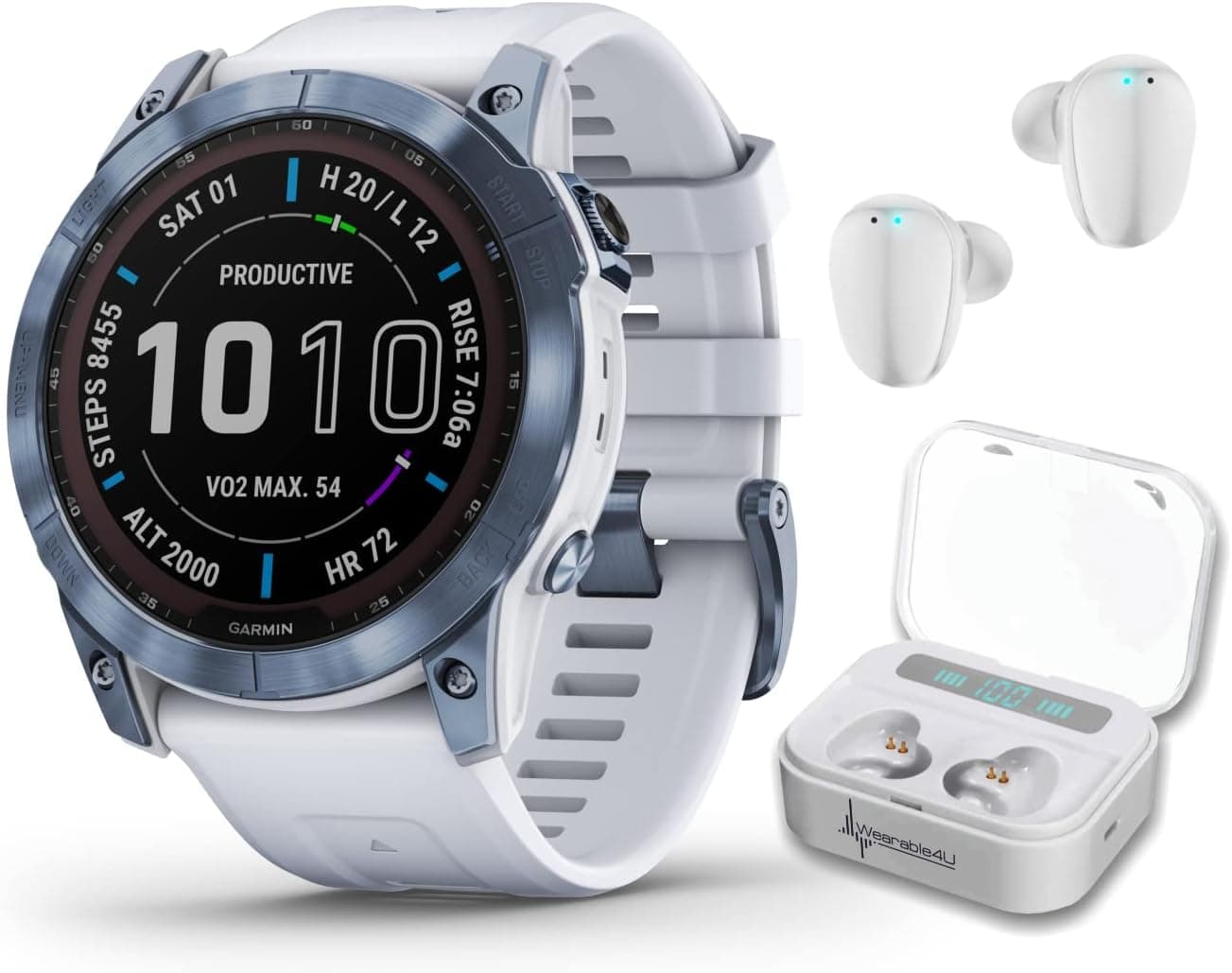 Wearable4U Garmin Fenix 7X Sapphire Solar 51 mm Multisport GPS Touchscreen Smartwatch, Mineral Blue DLC Titanium with Whitestone Band, 35 mm Display White Earbuds Bundle