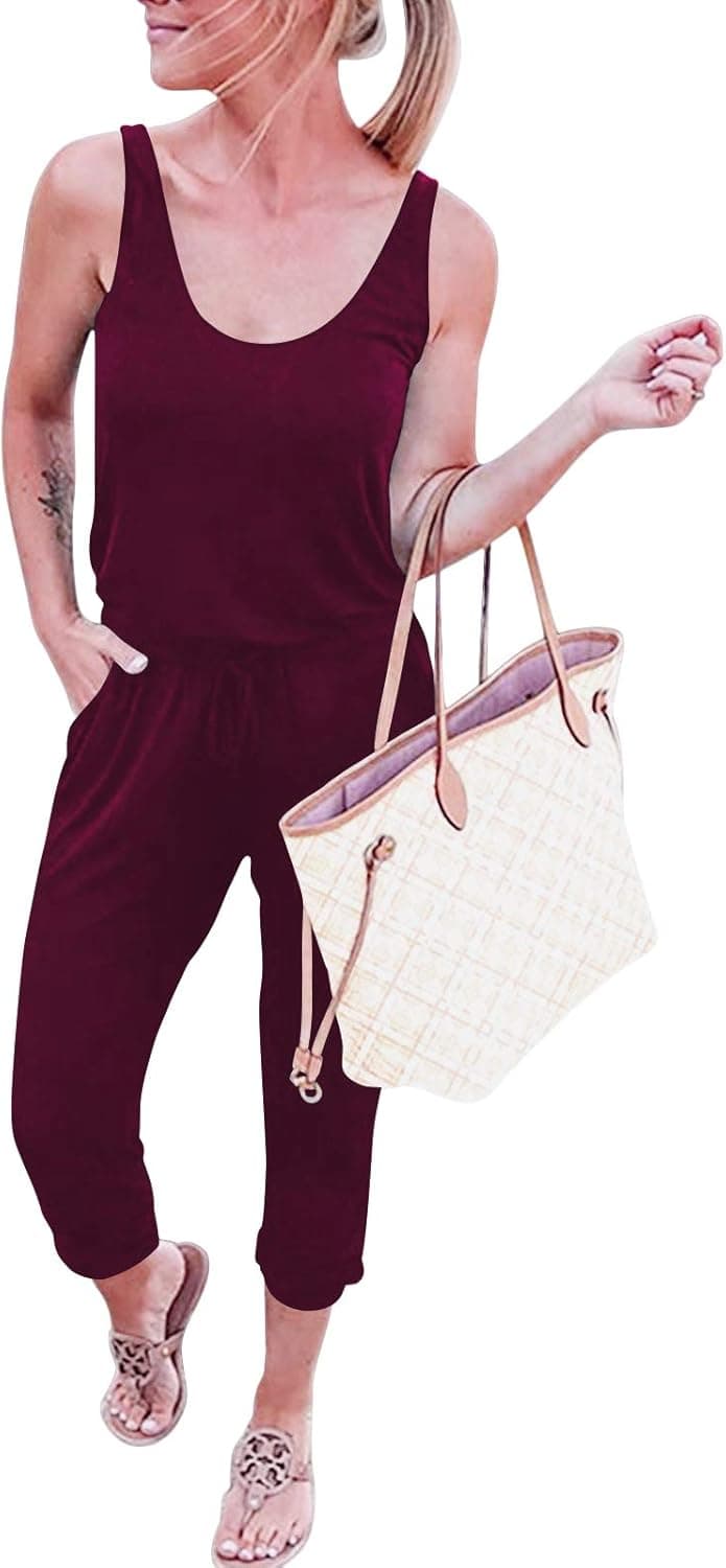 ANRABESS Women's Causal Tank Jumpsuits Sleeveless Drawstring Elastic Waist Loose Summer Romper Outfits with Pockets