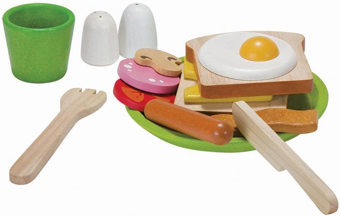 PlanToys Breakfast Menu Pretend Play Food Set (3602) | Sustainably Made from Rubberwood and Non-Toxic Paints and Dyes | Eco-Friendly PlanWood
