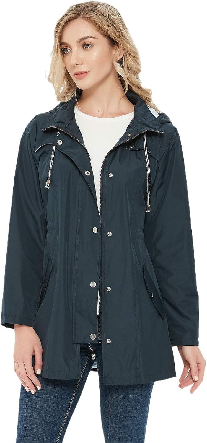 Charis Allure Women's Rain Jacket Striped Lined Hooded Lightweight Raincoat Packable Waterproof Windbreaker(Dark blue,L)