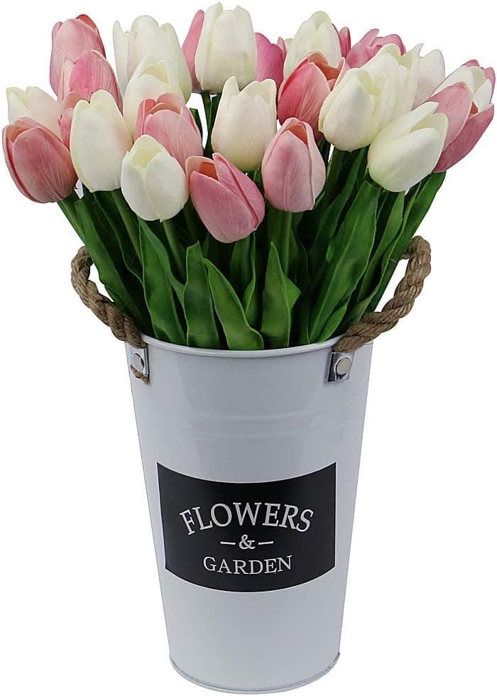 Omygarden 30pcs Multicolor Artificial Tulips, Fake Tuplips in Iron Bucket, Thanksgiving Wedding Party Home Office Decoration (White & Light Pink)