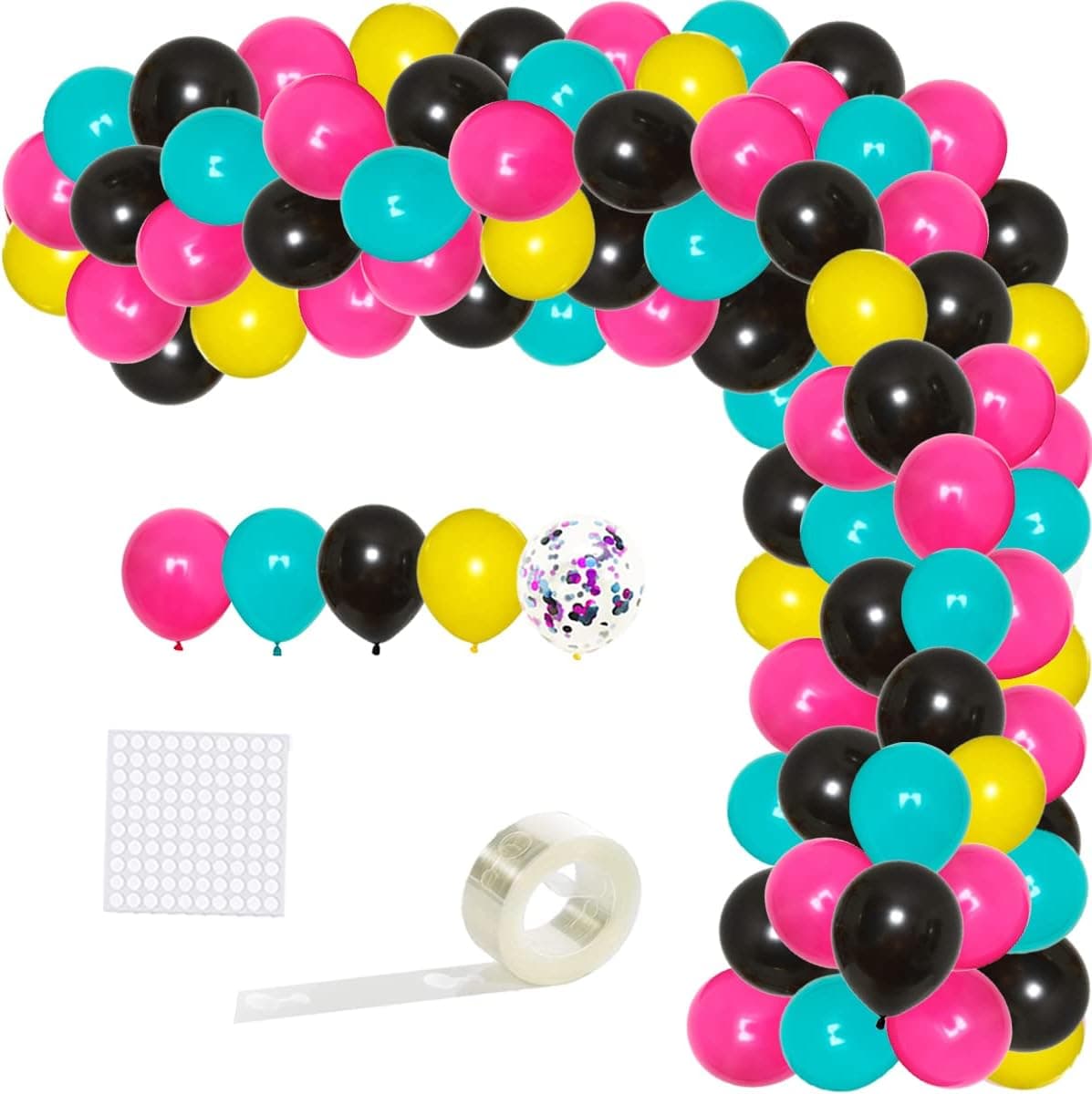 Rose Red Teal Blue Black Yellow Balloon Garland Kit - 122PCS 80S 90S Party Decorations Rainbow Balloons Neon Balloon Arch for Music Disco Hip Pop Graduation Birthday Retirement Party Decor