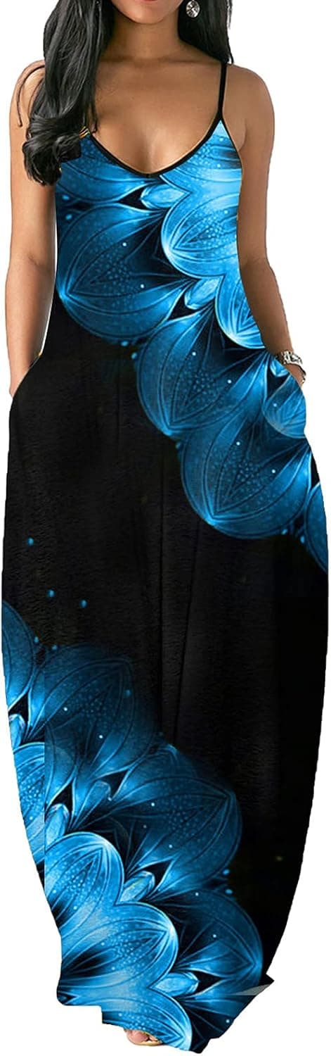 LaiyiVic Sunflower Maxi Dresses for Women Casual Summer Floral Print Loose Long Floor Length Sleeveless Sundresses Plus Size XXL