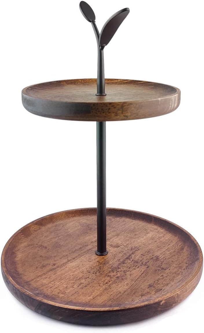 Wooden Tiered Tray Stand ,BOOKZON 2 Tier Tray Stand Wood,Rustic Cupcake Tower Stand,Farmhouse Decor Kitchen Tiered Decorative Tray with Handles for Party