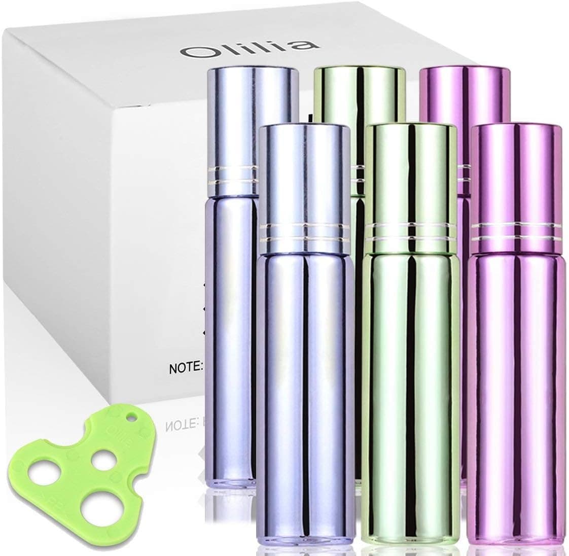 Olilia Glass Roll on Bottles with Metal Roller Balls - Essential Oils Key included 6 Pack of 10ml(1/3oz) Mixed Color