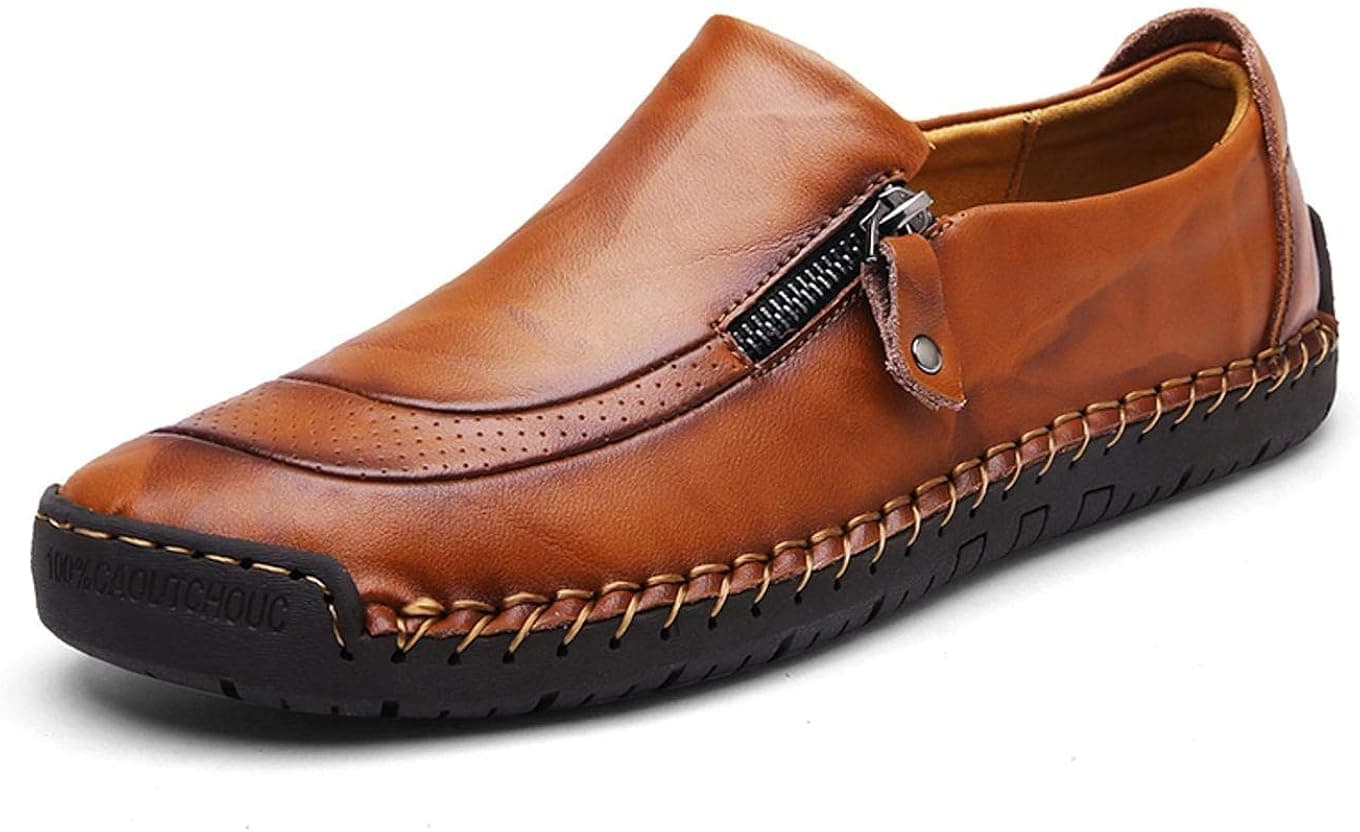 Qiucdzi Mens Leather Comfortable Shoes Hand Stitching Zipper Non-Slip Casual Shoes Loafer Boat Sneaker