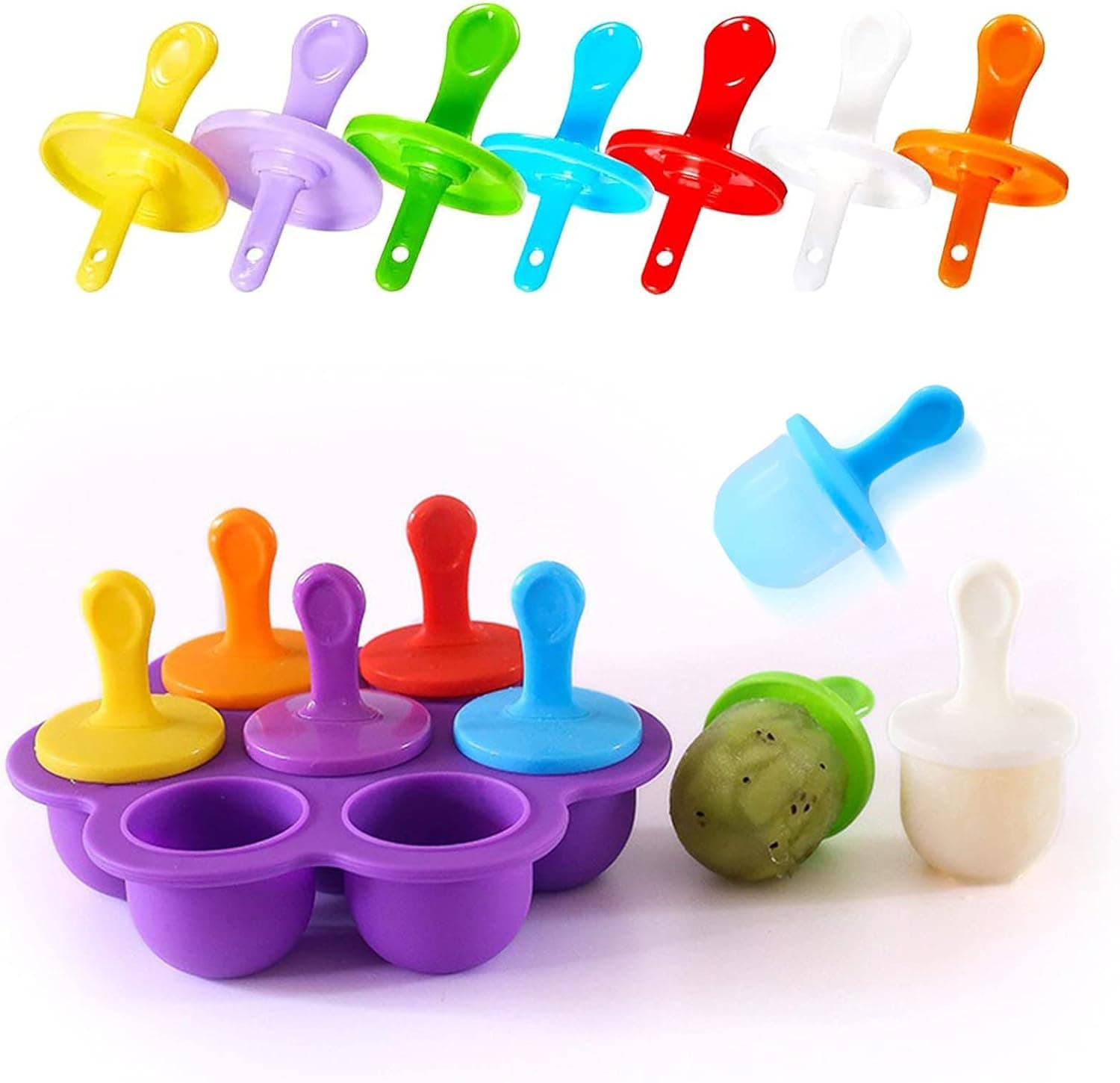 Popsicle Molds Reusable Ice Pop Molds Kids Ice Cream Tray Holder Lolly Pops Seven-hole Baby Food Grade Supplement Box Multiple Colors deep-purple