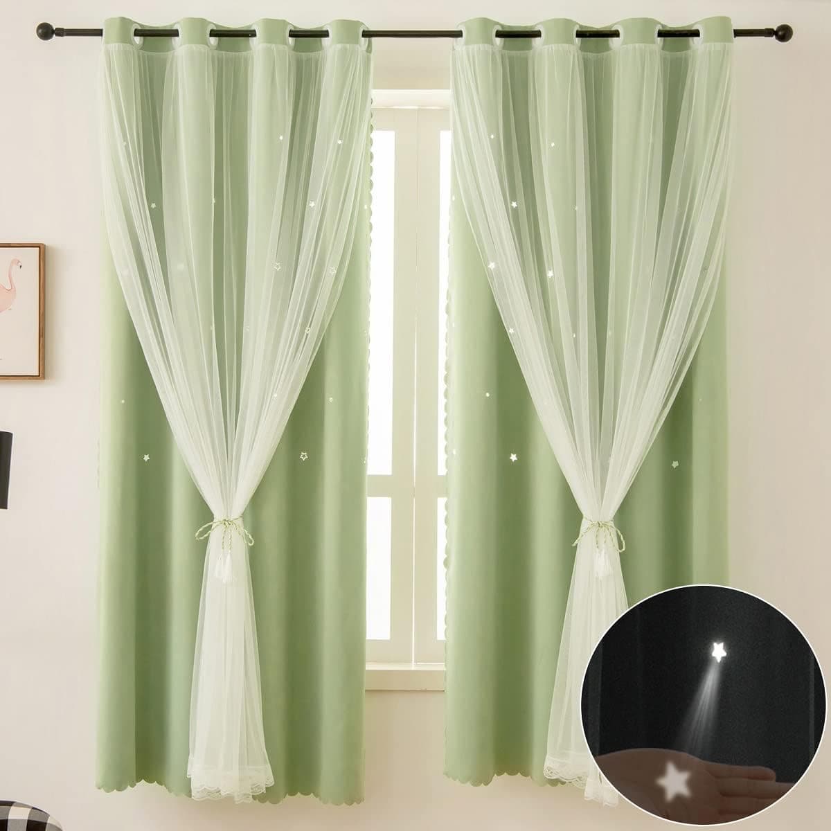 Ftinala Green Curtains for Bedroom Fairy Blackout Curtains 63 Inche Length 2 Panels Sets Aesthetic Room Decor for Teen Girls Double Layer Living Room Darkening Cutout Star Curtains with Sheer Tulle