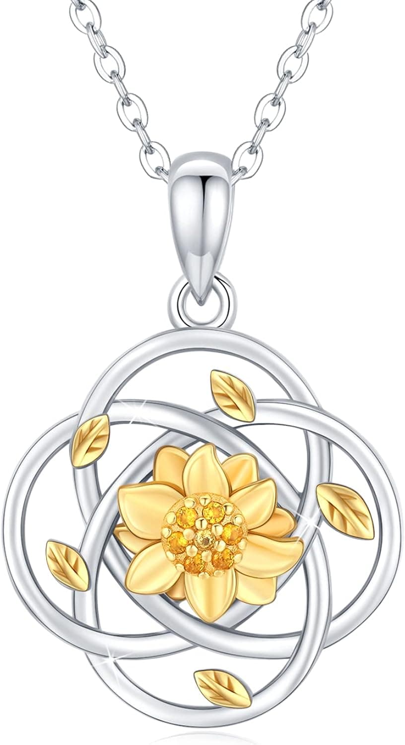 Waysles Sunflower Necklace for Women, 925 Sterling Silver Irish Knot Pendant Necklace Jewelry Gift for Girlfriend Daughter Mom Girls