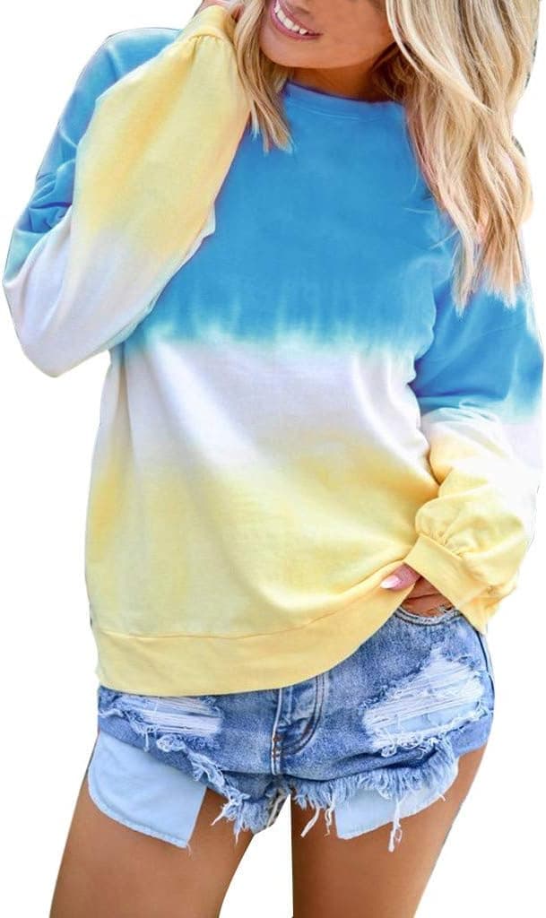 Women Long Sleeve T Shirt,Ladies Casual Crew Neck Tops Gradient Contrast Color Tunic Loose Blouses Sweatshirt Gogoodgo