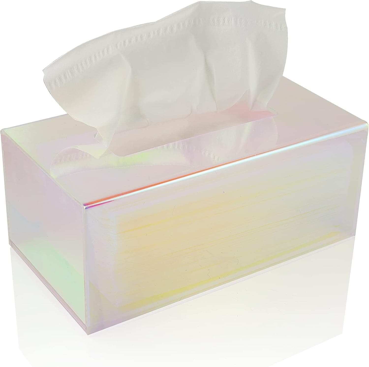 Acrylic Tissue Box Holder, Clear Tissue Box Dispenser for Facial Tissue, Napkins, Dryer Sheets. Perfect Cover for Bathroom, Desks, Countertops, Vanity, Bedroom, Night Stands (Rectangle, Iridescent)