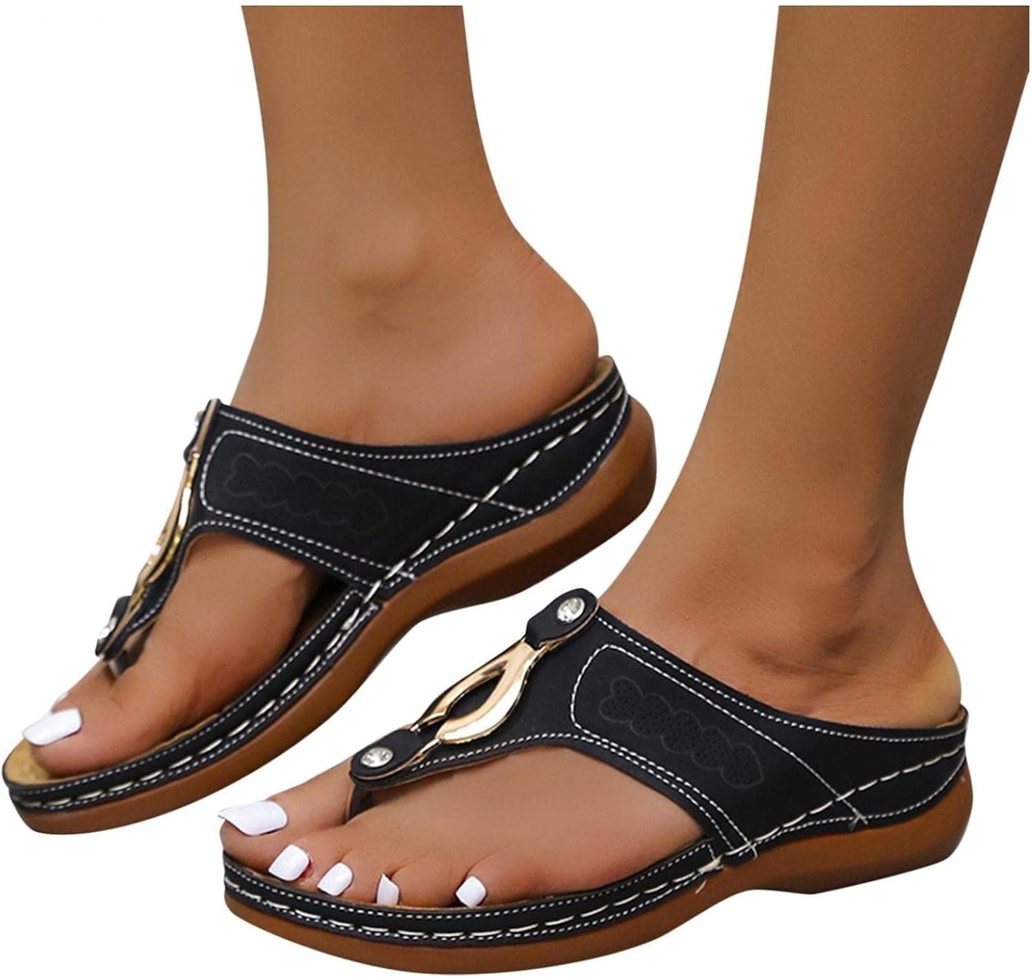 Hotkey Ladies Fish Wedge Mouth Breathable Strap Rhinestone Heel Shoes Sandals Flowers Gold Sneakers for Women Size 7