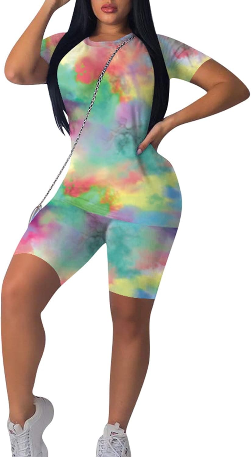 Nhicdns Womens Two Piece Outfits Summer Short Sleeve Print Tie Dye T-Shirt Pants Workout Jumpsuit Set