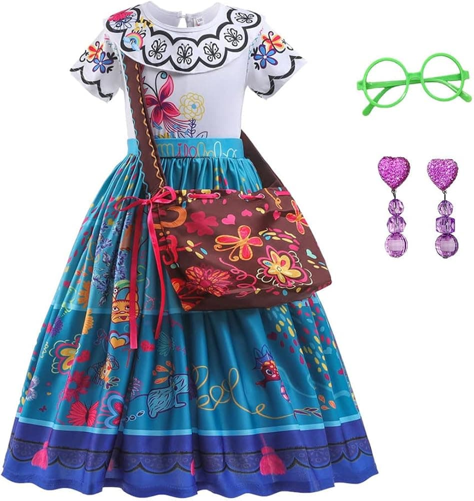 Yipkorra Encanto Mirabel Costume for Girls Cosplay Isabella Outfit Princess Halloween Dress Up With Earrings