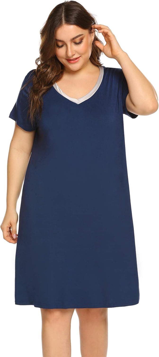 IN'VOLAND Plus Size Nightgowns Women V Neck Sleep Shirt Short Sleeve Nightdress Pajama Sleepwear