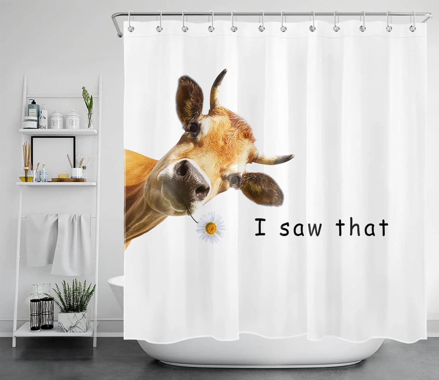 LB Funny Farm Animal Cow Shower Curtain Decor, Funny Quotes I Saw That Farmhouse Cow with Daisy Flower Shower Curtains 72X79 inch Polyester Fabric Bathroom Decoration Bath Curtains Hooks Included
