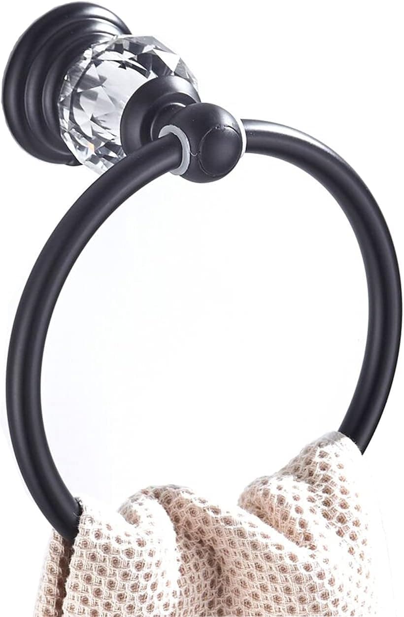WINCASE Crystal Towel Ring, Black Hand Towel Holder , Bathroom Round Towel Hanger Racks Wall Mount Matte Black