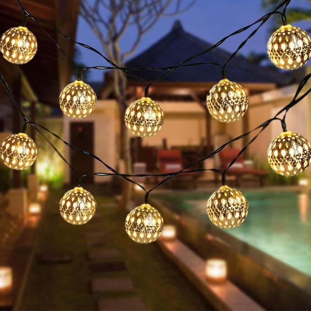 JOJOO Solar Powered 12 LED 12ft Moroccan String Lights Metal Globe Lanterns Ornament Lights for Christmas Tree, New Year, Garden, Wedding, Party, Indoor and Outdoor, Amber LT004