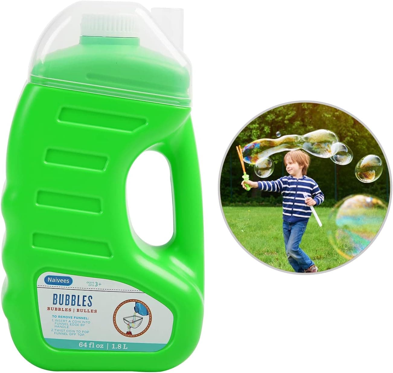 Naivees Bubble Solution Refill 64oz | Non Toxic Bubble Maker Solution for Kids | Bubble Liquid with Easy Pour Funnel Top for Bubble Machines, Ready for immediate use