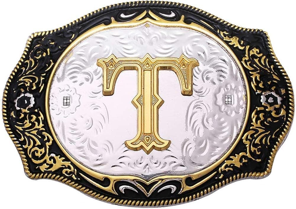 HUABOLA CALYN Western Belt Buckle Initial Letters ABCDMRJ to Z Cowboy Rodeo Large Gold Belt Buckles for Men Women (T)