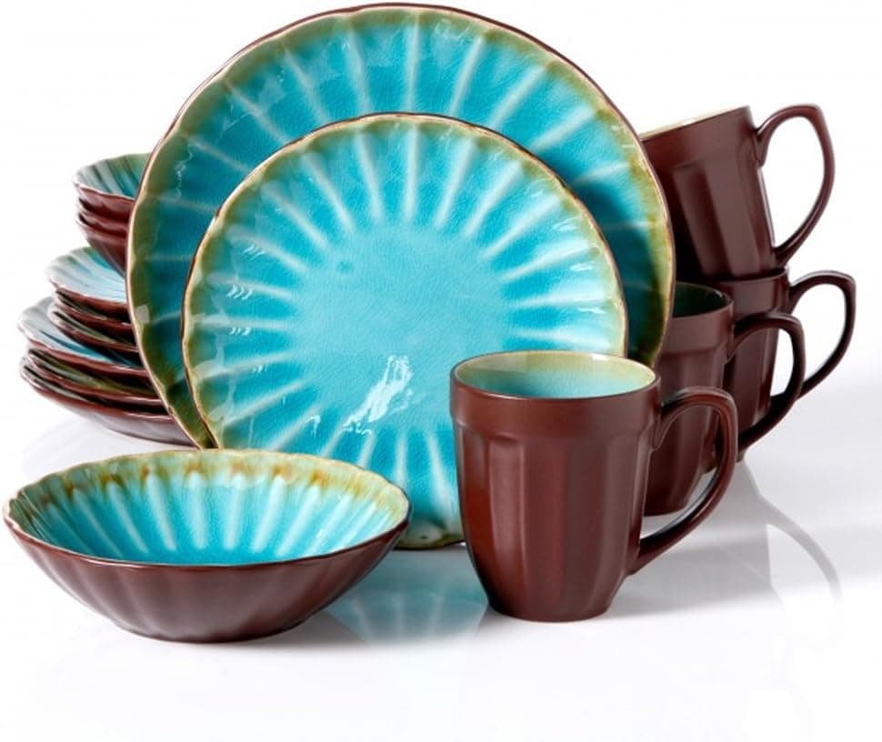 Gibson Sillano 16pc Dinnerware Set-Turquiose Crackle Reative Scallop - 1 Year Direct Manufacturer Warranty