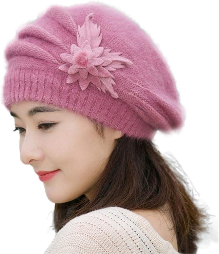 Womens Fashion Flower Knit Crochet Beanie Hat Winter Cotton Beret Cap