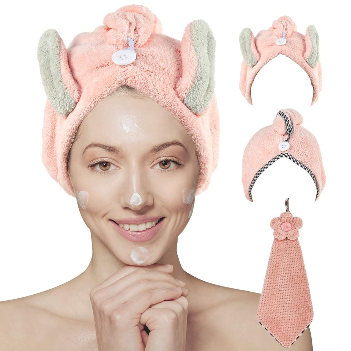 Microfiber Hair Towel Wrap for Women, Girls, 2 Pack Rapid Drying Hair Towel with Hand Towels, Hair Drying Turban Super Quick Absorbent Magic Dryer for Long Curly Thick Hair (Light Pink)