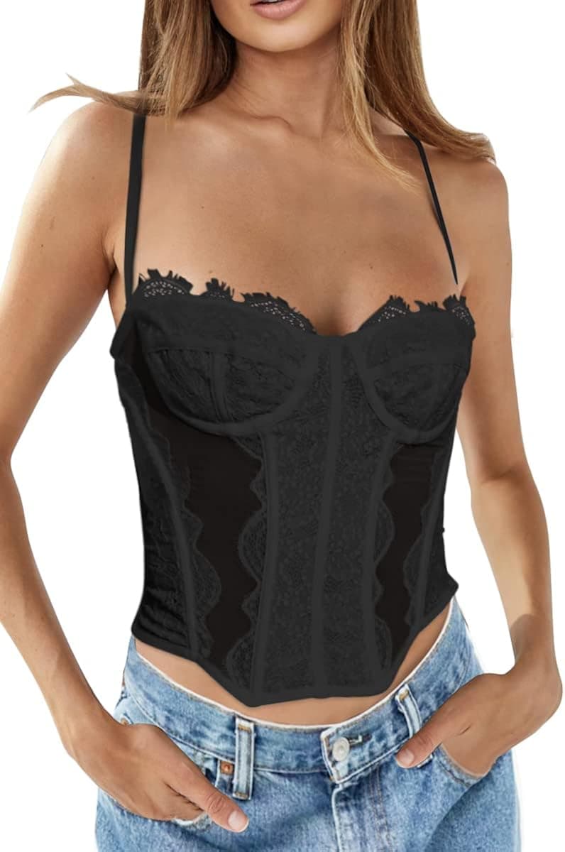 WYNNQUE Womens Summer Lace Bustier Mesh Sexy Vintage Spaghetti Strap Open Back Boned Corset Going Out Party Crop Top