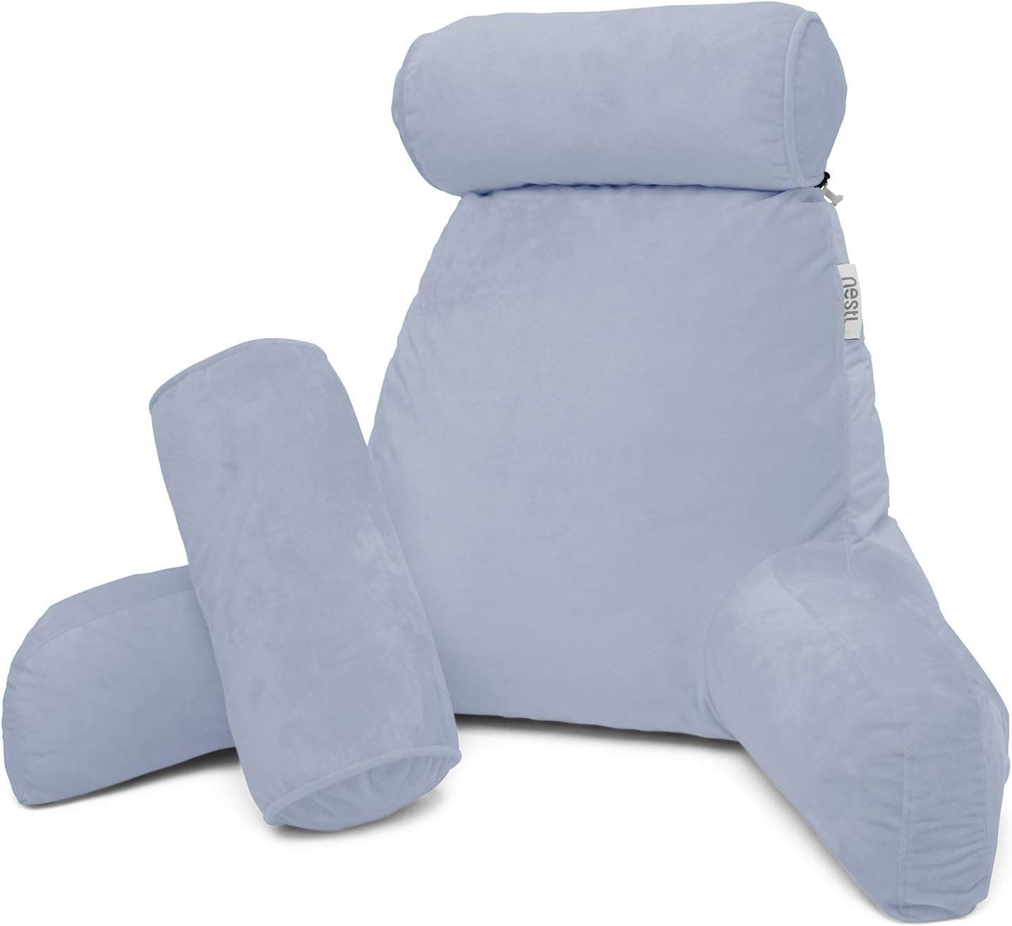 nestl Reading Pillow, Includes 1 Extra Large Bed Rest Pillow with Arms + 2 Detachable Pillows - Premium Shredded Memory Foam TV Pillow, Neck Roll & Lumbar Support Pillow - Set of 3 - Ice Blue