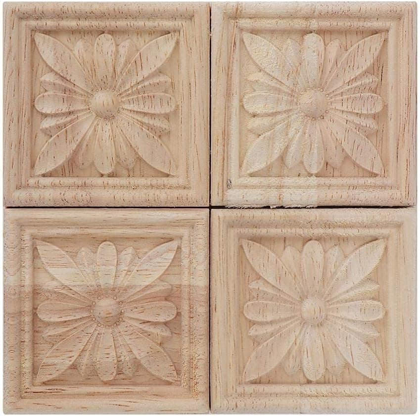 4Pcs Wood Carved Appliques, Wood Onlays Carving Checkered Unpainted Decal for Home Wall Door Bed Cabinet Cupboard Furniture Door Decor, Vintage Retro Flower Pattern (4#)