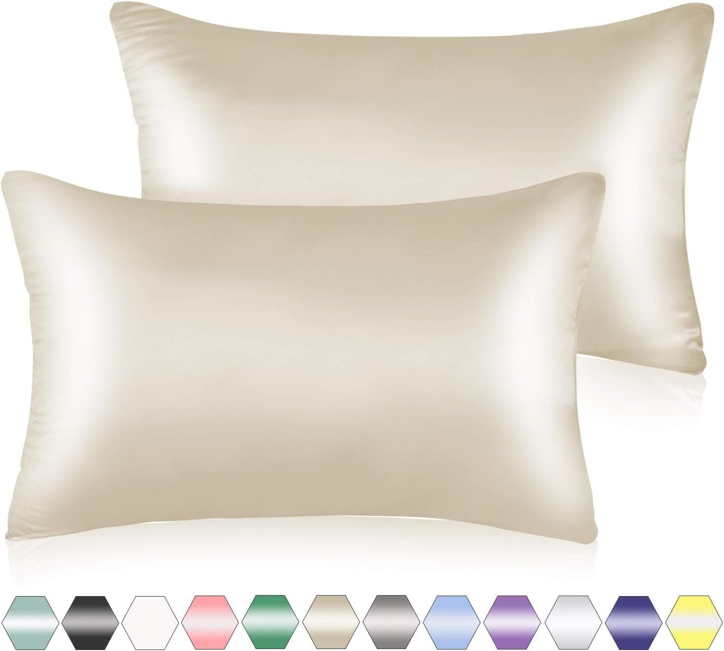Muama 2 Pack Silk Silky Satin Pillowcases for Hair and Skin, Cool, Soft and Breathable Hidden Zipper Pillow Cases Cover【Queen(20x30 New Zipper Beige】