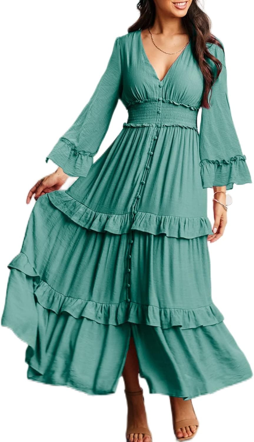 Amegoya Women's Boho V Neck Long Sleeve Wedding Guest Maxi Dress 2023 Summer Prom Long Flowy Dresses