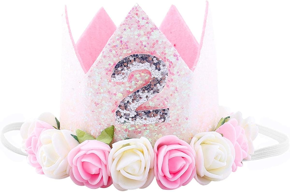 Glitter Baby Girls 1st 2 3 Birthday Floral Crown Flower Princess Tiara Cake Smash Photo Prop