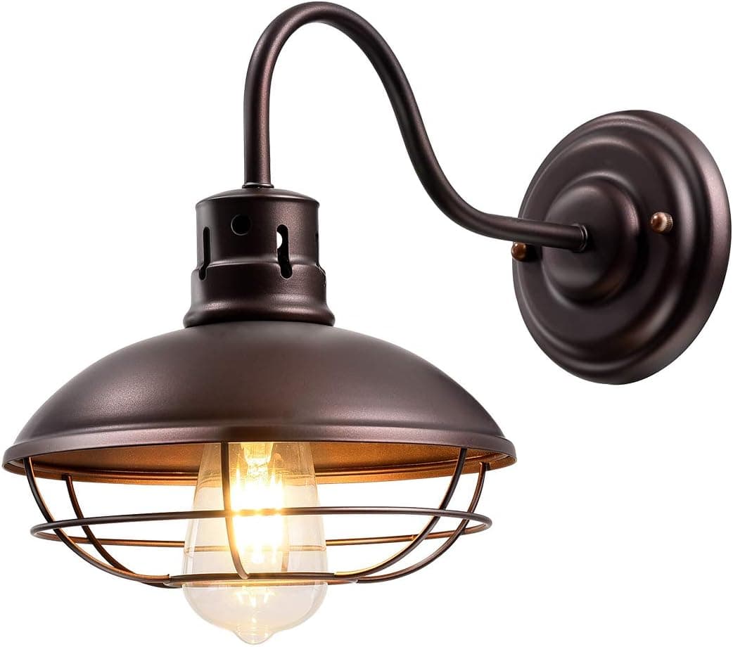 CHICLUX Industrial Vintage Metal Cage Wall Sconce Oil Rubbed Bronze Goose Neck Porch Wall Light Lamp for Hallway Kitchen Garage Porch Bathroom