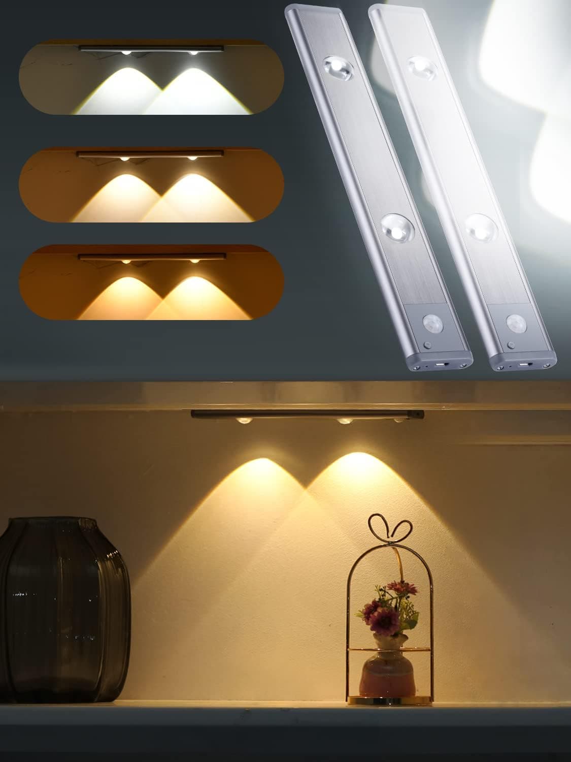 3 Colors Rechargeable Under Cabinet Lighting Wireless, Motion Sensor Closet Lights Indoor, with 1450mAh Battery Operated, Dimmable Under Counter Lights Bar for Kitchen, Wardrobe, Garage, Stairs 2 Pack