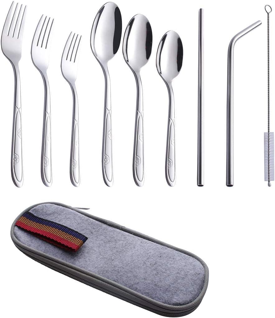 18 Piece Portable Travel Utensils Silverware with Case, Travel Camping Cutlery set, Straw with Cleaning Brush for Camping, Reusable Flatware Cutlery Set with Case, Stainless steel Travel Utensil set