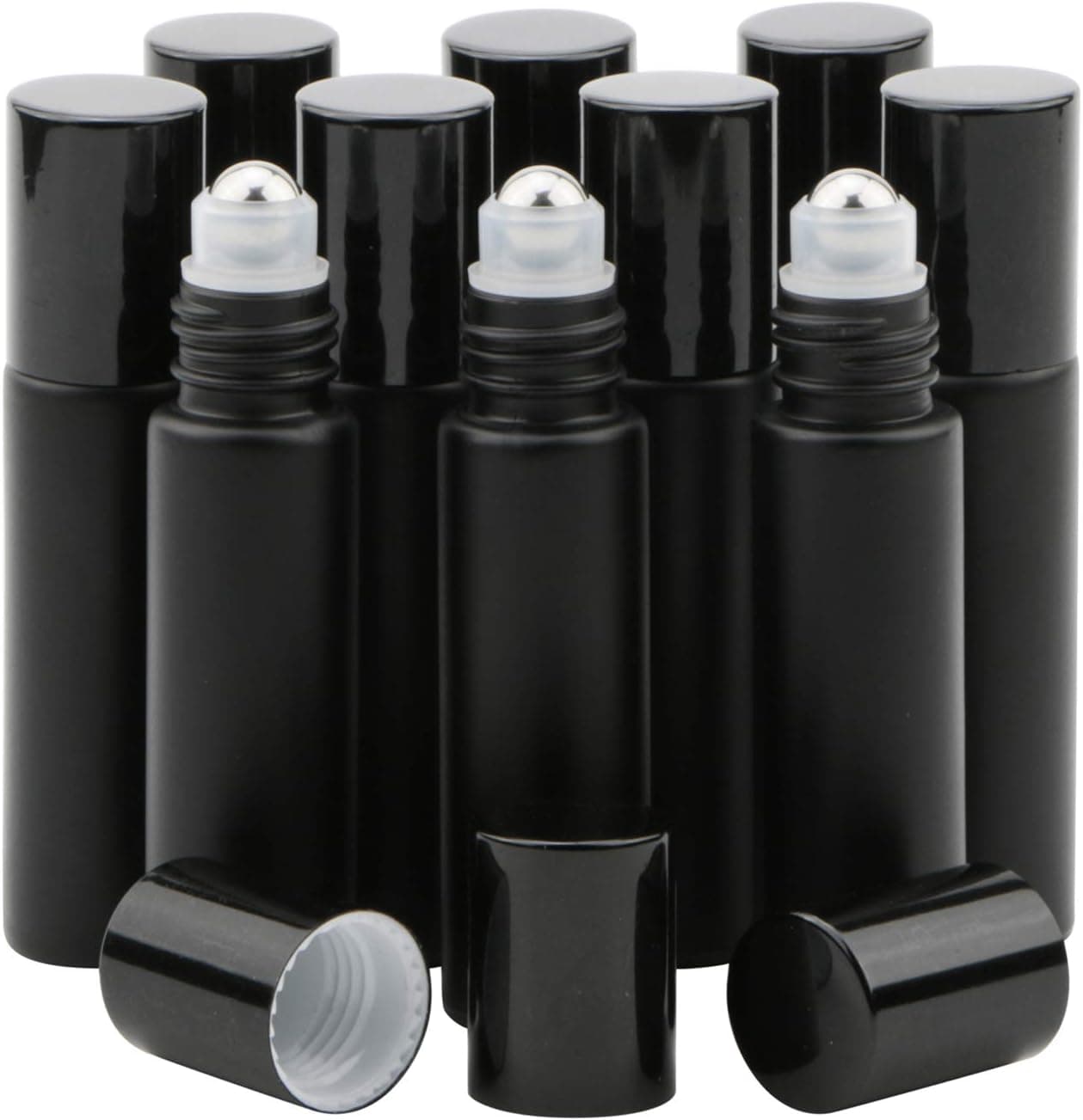 Glass Roller on Bottle, 10ml Refillable Essential Oil Bottle with Stianless Steel Ball, Pack of 10 (Black)