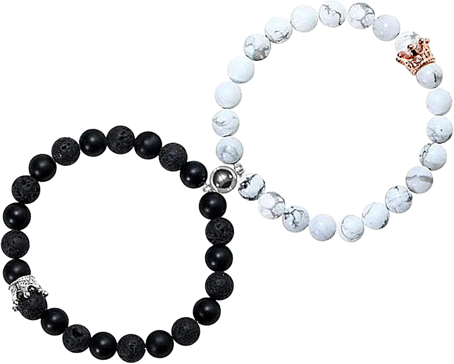Free Space Couple Magnetic Attraction Bracelets Sets for 2 Nature Stone Beaded Crown Matching Distance Relationship Bracelets for Him Her