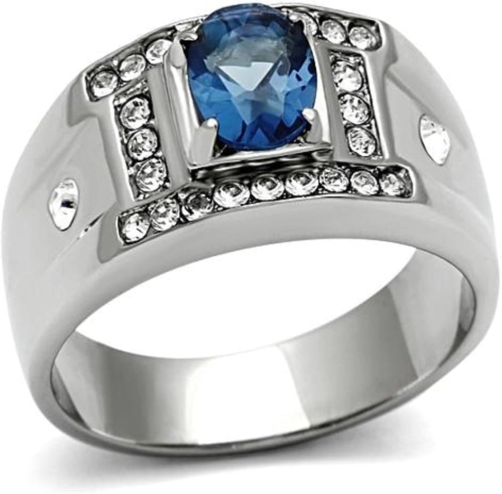 Doublebeez Jewelry Men's Stainless Steel Dark Blue Oval Faceted Ring