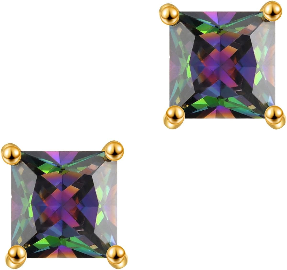 Anmao 10MM 18K Gold Plated Rainbow Fire Shiny Mystic Topaz Cubic Zirconia Stud Earrings